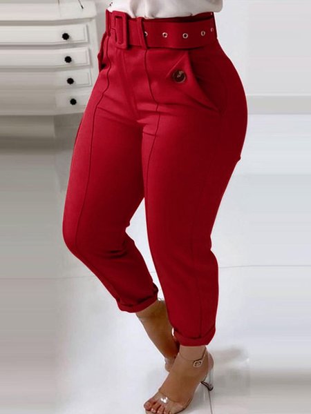 

Plain Urban Tight Fashion Solid Belted Slant Pocket Pants, Red, Pants