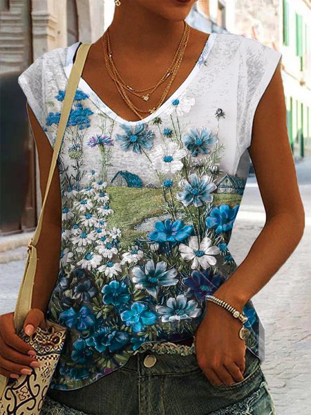

Floral Casual Loose Knitted T-Shirt, Blue, T-Shirts