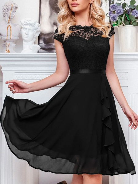 

Chiffon Urban Floral Lace Bodice Ruffle Trim Cocktail Party Swing Dress, Black, Formal Dresses