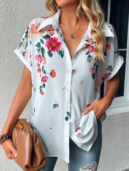 

Vacation Floral Shirt Collar Batwing Sleeve Loose Blouse, White, Shirts & Blouses