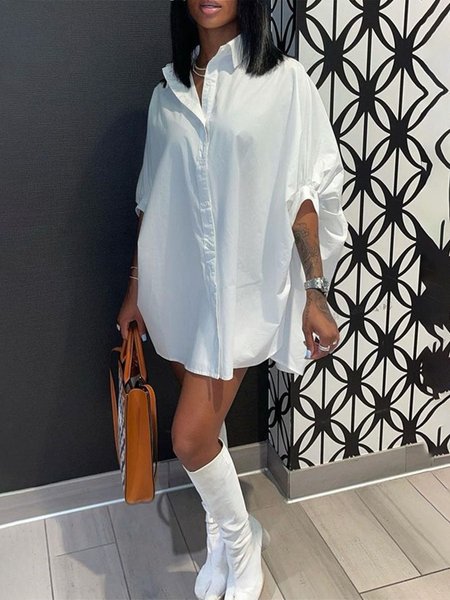 

Shirt Collar Oversize Casual Plain Blouse, White, Blouses and Shirts