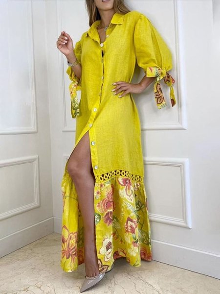 

Floral Loose Shirt Collar Vacation Dress, Yellow, Maxi Dresses