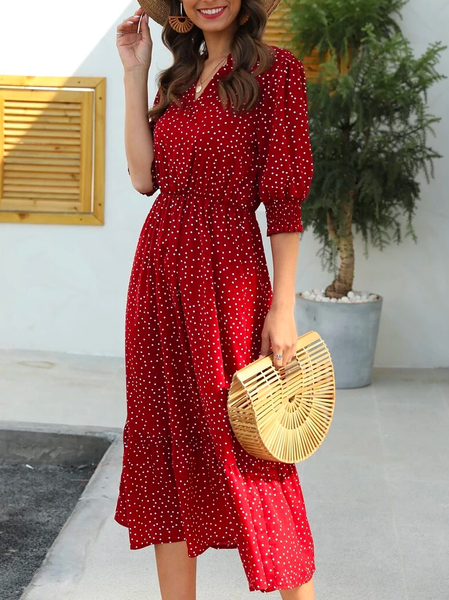 

Loose Vacation V-neck Polka Dot Ruffle Hem Dress, Red, Casual Dresses