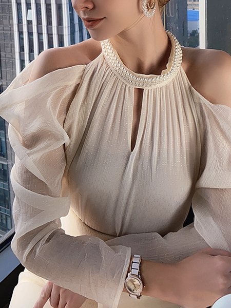 

Elegant Regular Fit Plain Half Turtleneck Shirt, Apricot, Blouses and Shirts