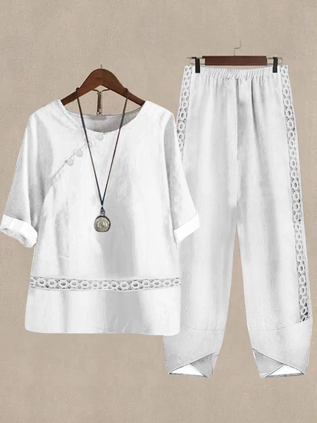 

Casual Lace Crew Neck Loose Two-Piece Set, White, Suit Set