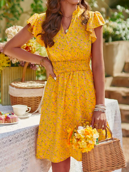 

Ditsy Floral V Neck Loose Vacation Ditsy Print Notched Neck Butterfly Sleeve Dress, Yellow, Dresses