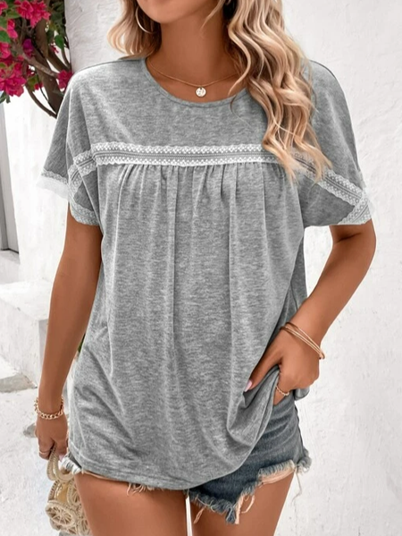 

Loose Lace Edge Casual Lace T-Shirt, Gray, T-Shirts