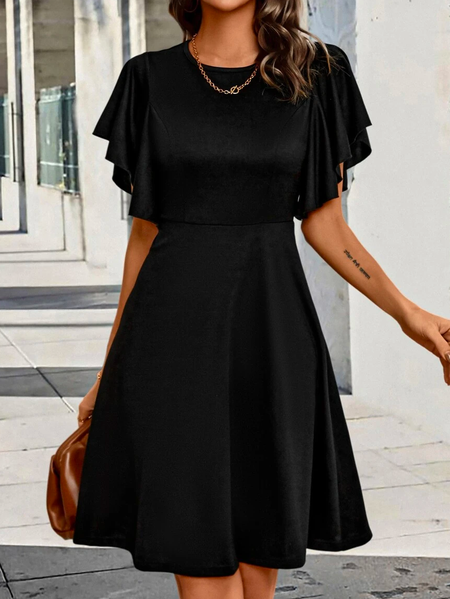 

Loose Crew Neck Urban Solid Butterfly Sleeve A-line Dress, Black, Dresses