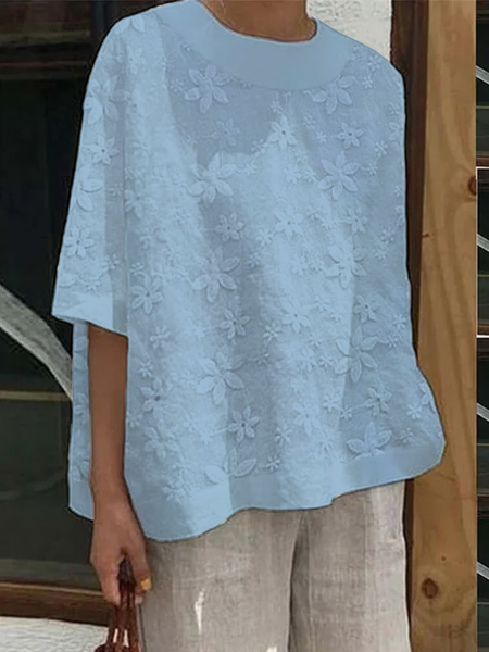 

Women Elegant Plain Lace Floral Crew Neck Half Sleeve Cotton Linen Tunic Top, Blue, Tunics