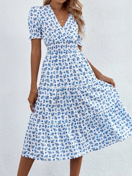 

V Neck Vacation Floral Dress, White, Dresses
