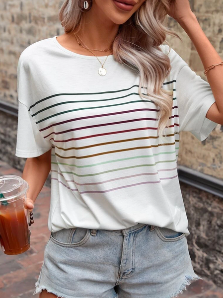 

Crew Neck Casual Striped Print Drop Shoulder T-Shirt, White, T-Shirts