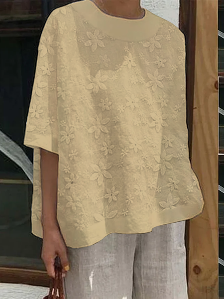 

Women Elegant Plain Lace Floral Crew Neck Half Sleeve Cotton Linen Tunic Top, Khaki, Tunics