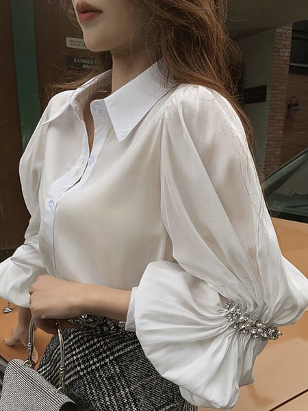 

Plain Elegant Shirt Collar Regular Fit Blouse, White, Blouses and Shirts
