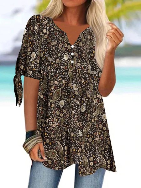 

Loose Cashew Flowers Casual Knitted Shirt, Brown, Shirts & Blouses