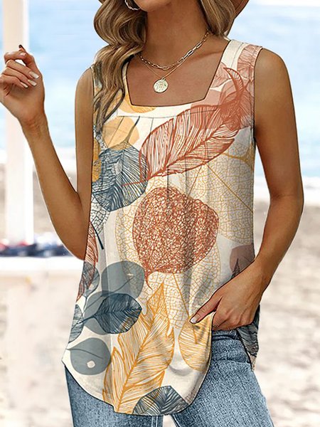 

Leaf Loose Square Neck Casual Ruched Tank Top, Light orange, Tanks & Camis