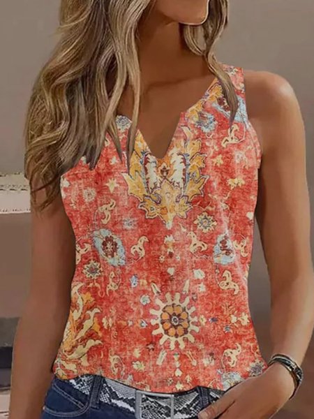 Vacation Ethnic V Neck Loose Tank Top