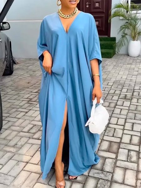 

Loose Elegant V Neck Plain Maxi Dress, Blue, Maxi Dresses
