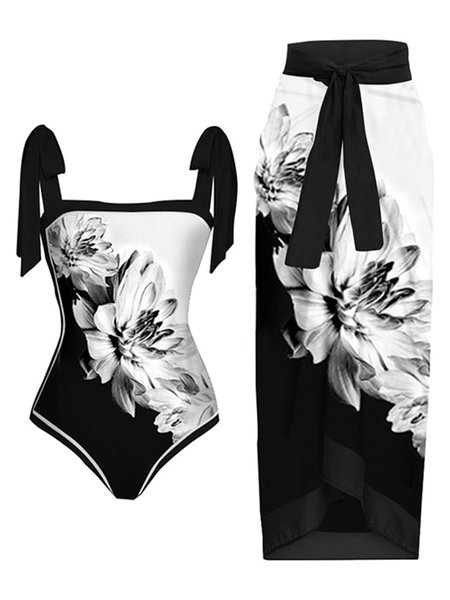 

Vacation Floral Printing Strapless One Piece With Cover Up, Black-white, One-Pieces