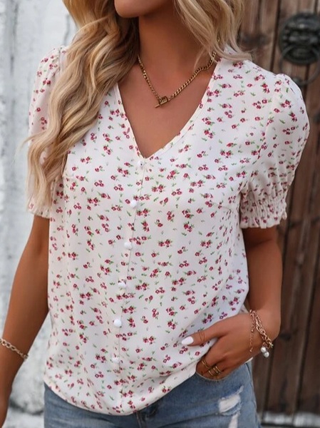 

V Neck Vacation Floral Shirt, White, Shirts & Blouses
