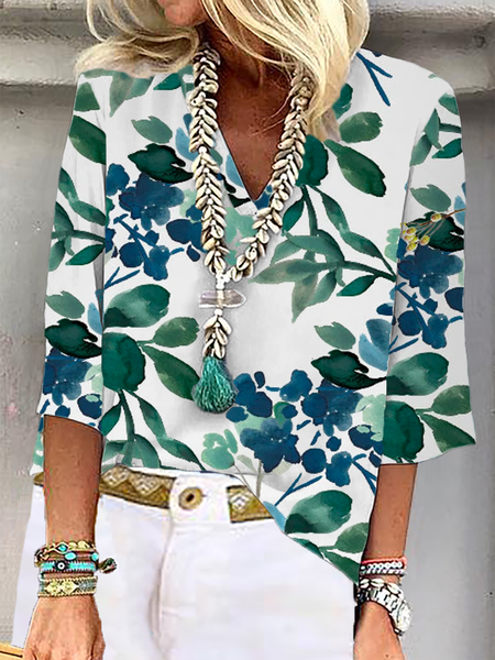 

V Neck Casual Floral Shirt, White, Shirts & Blouses