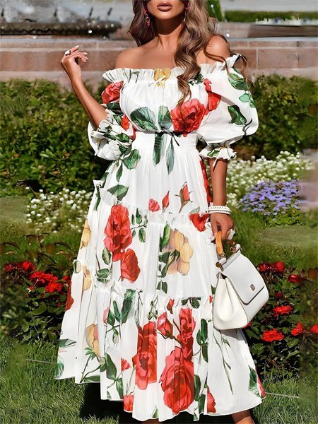 

Floral Cold Shoulder Loose Vacation Dress, As picture, Maxi Dresses