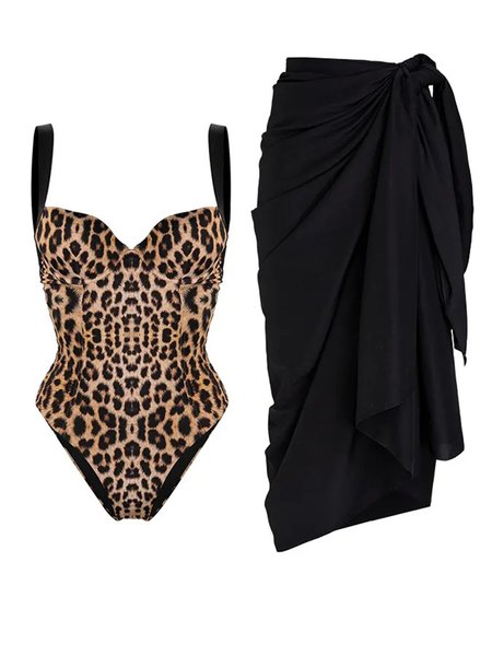 

Printing Leopard Casual One Piece With Cover Up, Brown, swimwear>>One-Pieces
