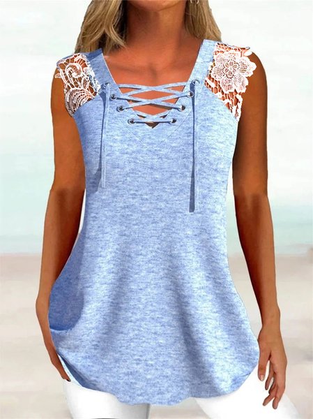 

Casual V Neck Lace Loose Tank Top, Blue, Tanks & Camis