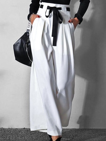 

Paperbag High Waist Baggy Wide Leg Casual Pant, White, Pants