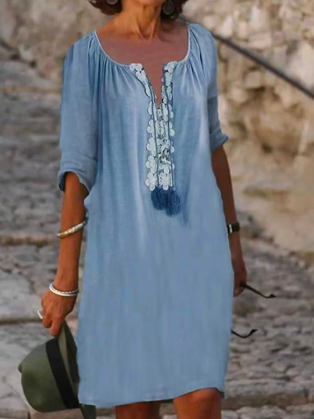 

V Neck Casual Color Block Denim BlueDress, Blue, Mini Dresses