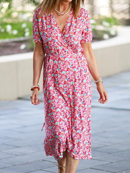 

Floral Loose Jersey Vacation Dress, Red, Dresses