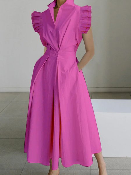 

Plain Shirt Collar Elegant Regular Fit Dress, Rose red, Midi Dresses