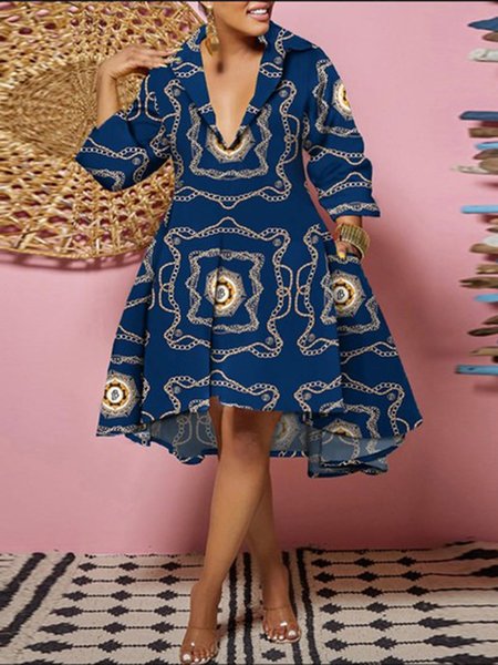 

Lapel Collar Urban Abstract Print Loose Shirt Dress, Purplish blue, Mini Dresses