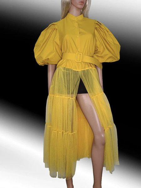 

Stand Collar Elegant Regular Fit Plain Blouse, Yellow, Blouses and Shirts