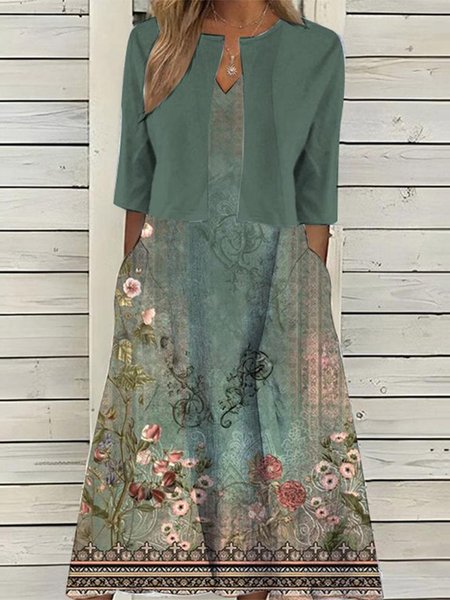 

Wrap Floral Elegant Loose Two-Piece Set, Green, Dresses