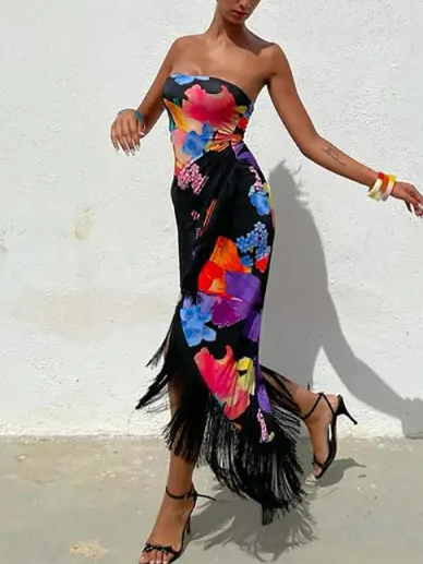 

Party Floral Casual Satin Dress, Black, Maxi Dresses
