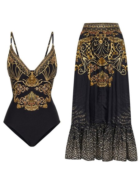

Vacation Ethnic Printing V Neck One Piece With Cover Up, Black, swimwear>>One-Pieces