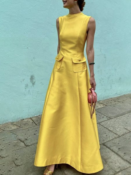 

Plain Crew Neck Elegant Regular Fit Dress, Yellow, Maxi Dresses