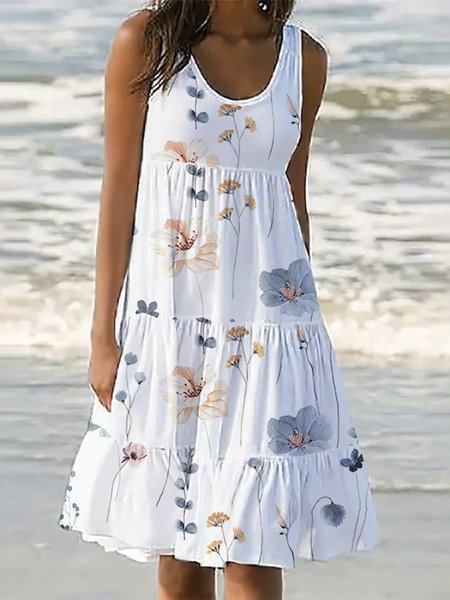 

Floral Ruched Scoop Neck Vacation Loose Dress, White, Dresses