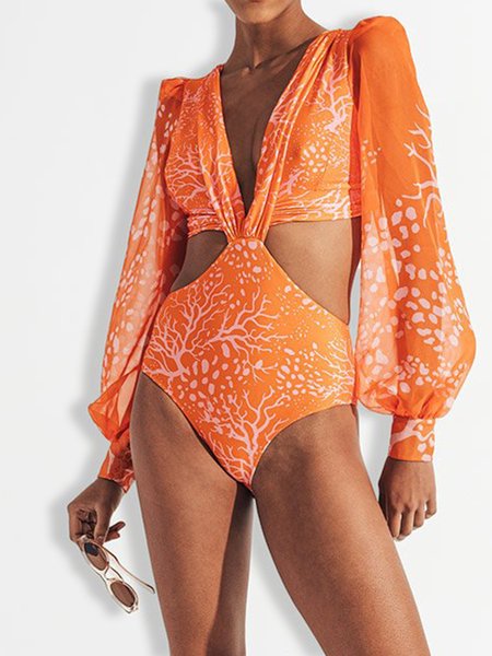 

Vacation Abstract Printing Hollow outV Neck One-Piece Swimsuit, Orange red, One-Pieces