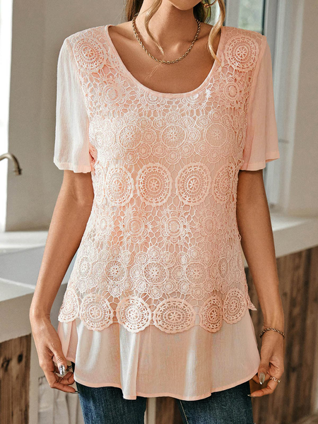 

Dusty Pink Lace Short Sleeve Round Neck Blouse, Nudepink, Shirts & Blouses
