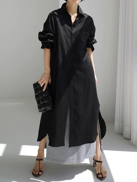 

Casual Plain Shirt Dress Natural Loose Dress, Black, Midi Dresses