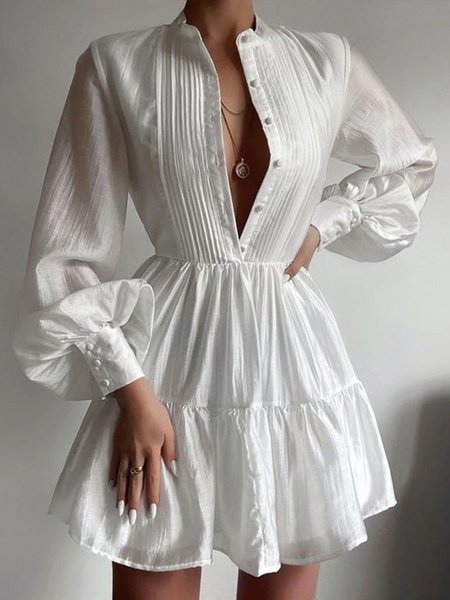 

Stand Collar Elegant Plain Regular Fit Dress, White, Mini Dresses