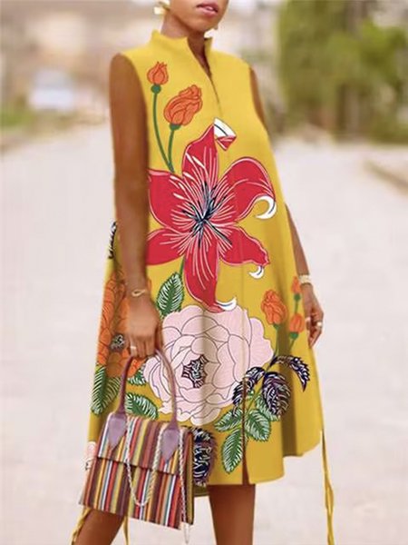 

Floral Regular Fit Stand Collar Elegant Dress, Yellow, Mini Dresses