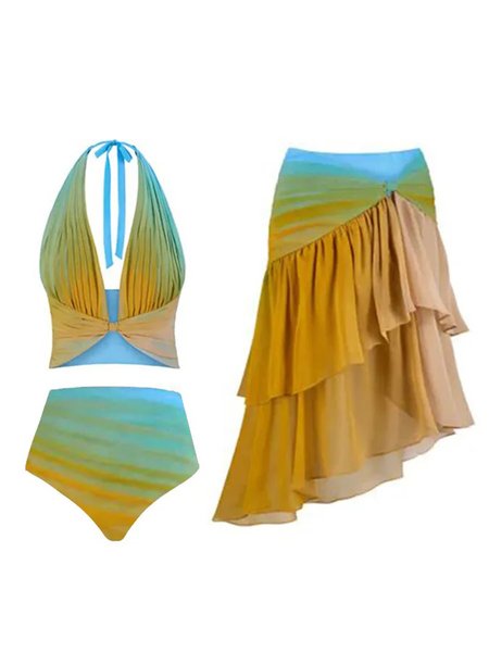 

Printing Ombre Casual V Neck Bikini With Cover Up, Yellow, swimwear>>3 Piece Bikini Sets