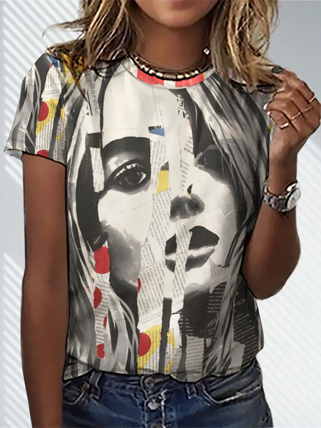 

Women's Abstract Collage Newspaper Casual T-Shirt, As picture, T-shirts