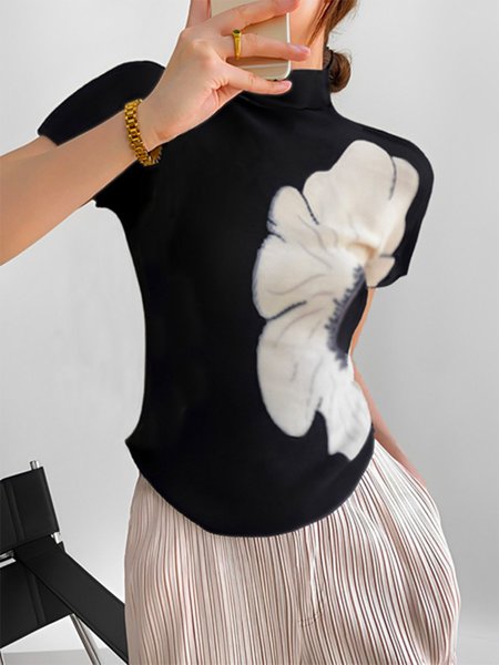 

Tight Floral Short Sleeve Elegant T-Shirt, Black, Tees