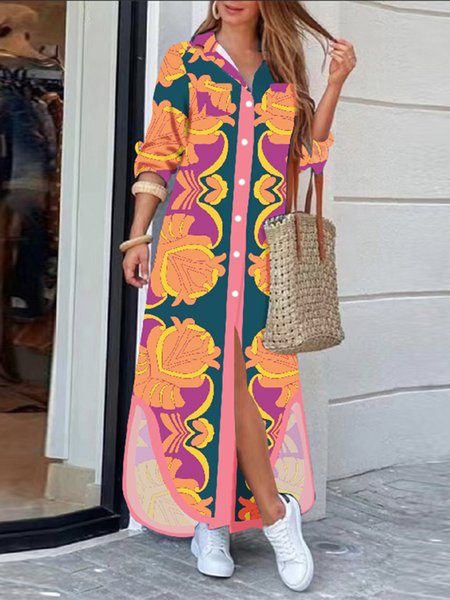 

Long sleeve Floral Regular Fit Vacation Dress, Orange, Maxi Dresses