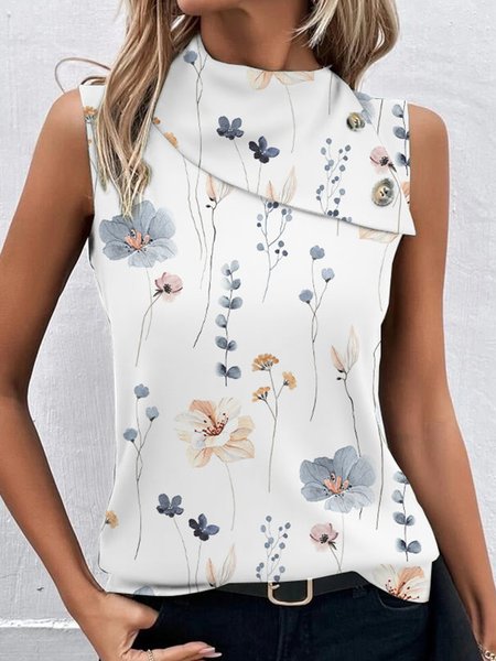 

Floral Casual Buttoned Asymmetrical Tank Top, White, Tanks & Camis