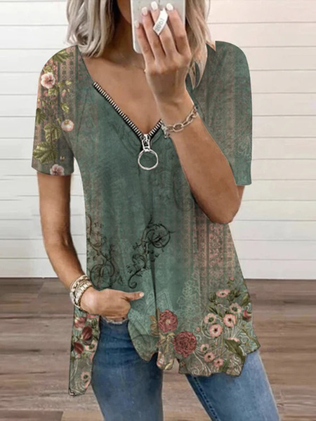 

Plus Size Jersey Half Open Collar Casual Shirt, Green, T-Shirts