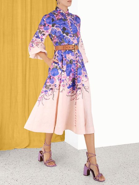 

Elegant Stand Collar Regular Fit Floral Dress, Purple, Midi Dresses